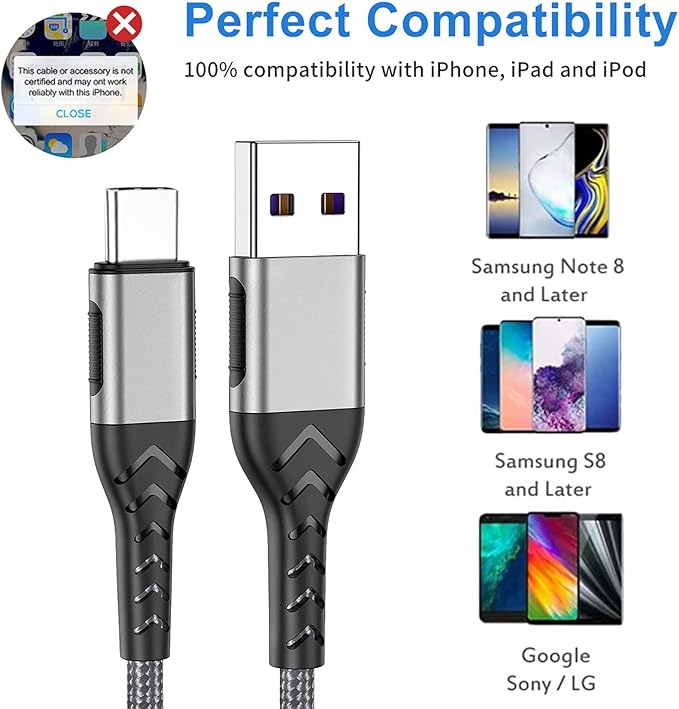 Durcord USB C Charger Cable, 2Pack 6ft Fast Charging 6Ft USB Type C Cord Cable, 6 Foot Type C Charger Premium Nylon Braided USB Cable Compatible with iPhone 15 Pro/Plust/Max-Silver