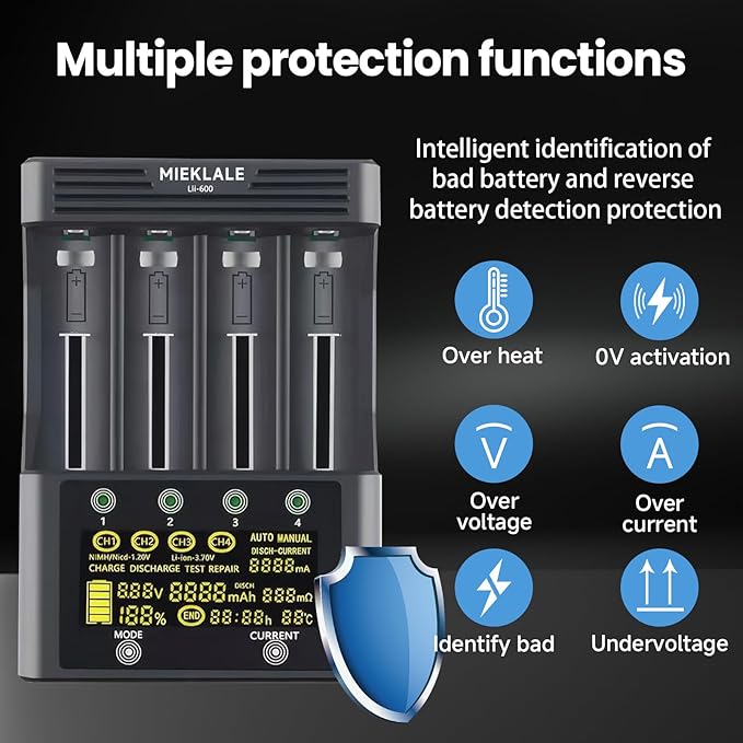 18650 Battery Charger, MIEKLALE 4-Bay 3A Fast Rechargeable Battery Charger with Smart LCD Display,Discharge & Testing Functions for Rechargeable Batteries Li-ion 16340 18650 26650 10440 14500