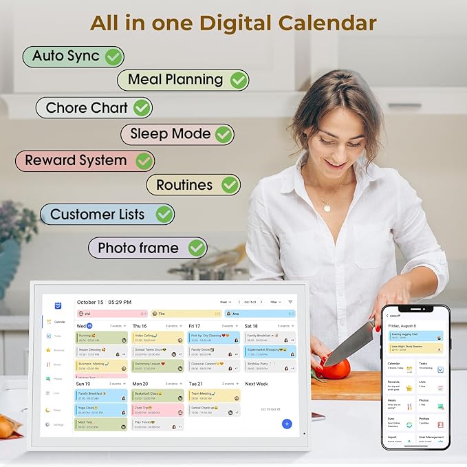 Digital Calendar, 21.5" Electronic Calendar For Wall, 1080P IPS Touchscreen Smart Family Planner& Chore Chart, Two - Way Sync With Phones Supports All Google Play Apps, Wall/Desk Mountable