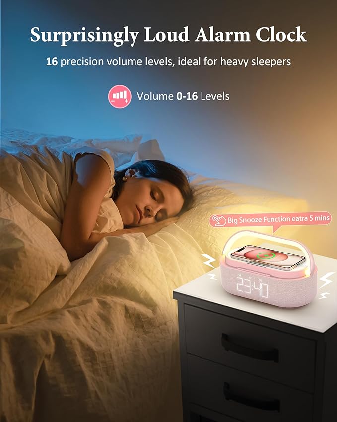 COLSUR Bluetooth Speaker Alarm Clock with Wireless Charger, FM Radio, Adjustable LED Night Light, 6 in 1 Bedroom Portable Speaker 2500mAh, Phone Stand for Bedside, Home, Office, Gift (Pink)