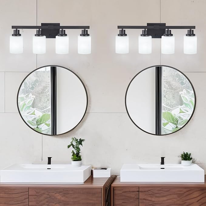 DIKAIDA Bathroom Light Fixtures, 4-Light Matte Black Bathroom Vanity Lights with Milky White Glass Shade, Bathroom Lights Over Mirror Wall Lamp Sconces for Mirror Bedroom, Living Room Hallway
