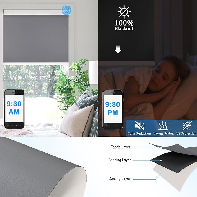 COOLWINDS Motorized Blinds with Remote Cordless Automatic Motorized Shades Custom Blinds for Indoor Windows Smart Curtains with Alexa Google Home(Blackout Thunder Grey,W66 x H72in)