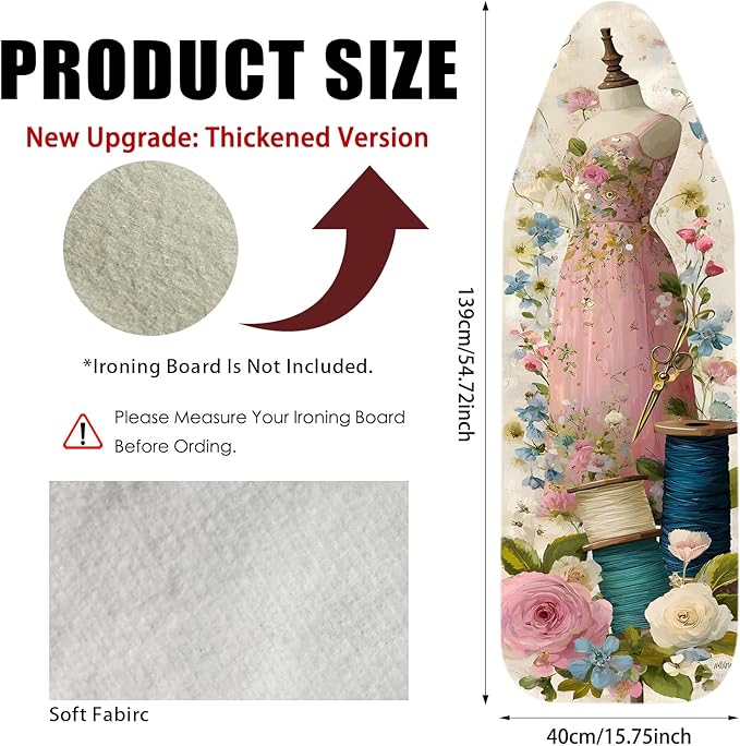 Nuxovilar Ironing Board Cover Needle Cotton 15x54 Inches | Ironing Board Cover and Pad Floral Gown Sewing Design for Sewing Room, Bedroom, Laundry Space