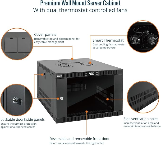 Tecmojo 6U Wall Mount Rack with Thermostat, 17.7inch Depth Enclosed Server Cabinet with 2 Cooling Fans,Lockable Door & Hardware,6U Rack for 19inch Equipments,Glass Door