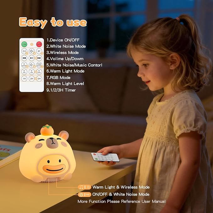 Baby Sound Machine, 20 Soothing Sounds White Nosie for Sleeping, Rechargeable Night Light with Speaker, 3 Brightness Levels Remote and Tap Control, Nursey Lamp for Baby, Kids Bed Room (Capybala)