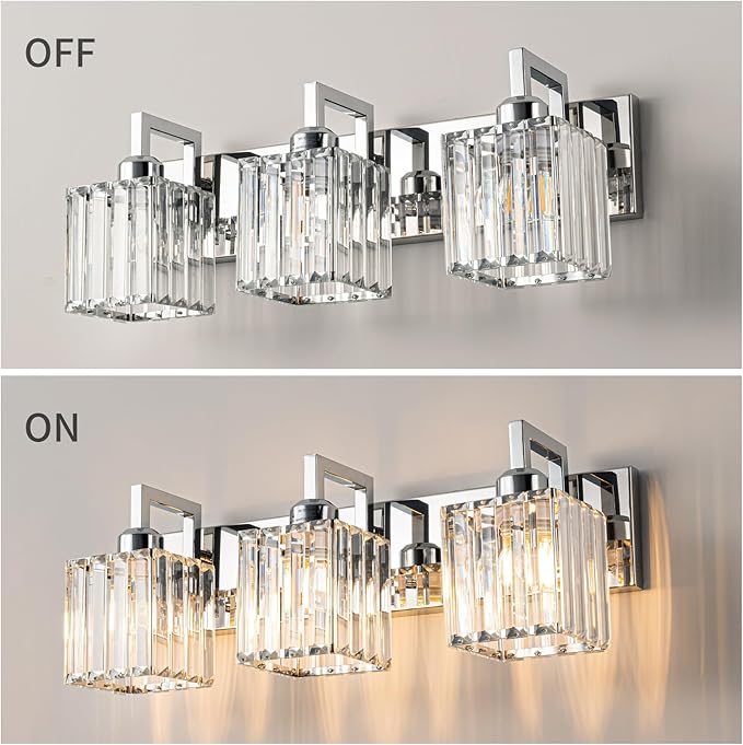 FDPBY Modern Bathroom Vanity Light 3-Lights Chrome Crystal Wall Lamp Bathroom Modern Crystal Vanity Lighting