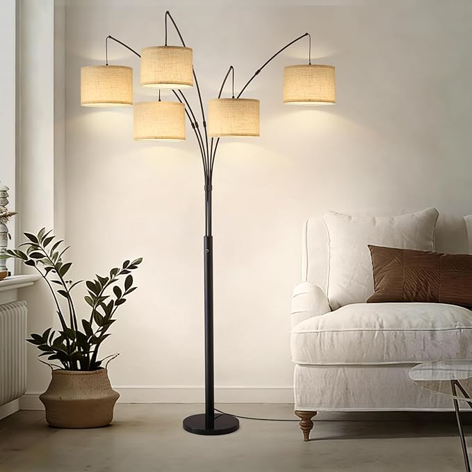 Fansdrick Floor Lamps for Living Room, 4000LM Super Bright Arc Floor Lamp with Remote Control, 5 Light Tall Floor Lamps with Stepless Dimmable, 80" Mid Century Tree Floor Lamp for Bedroom, Office