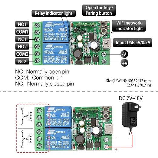 DieseRC 2 Channels WiFi Smart Switch, DC 5V 12V 24V 36V Passive Output Relay Module Ewelink APP WiFi Control Compatible with Alexa/Google Home, Inching/Self-Locking Switch