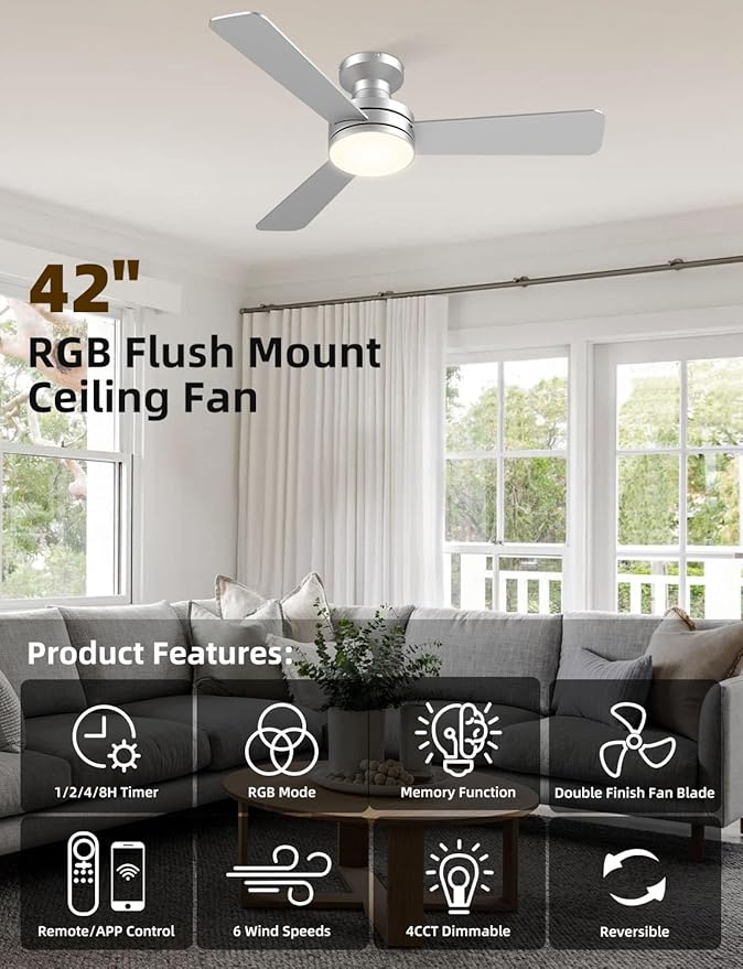 Homlit 42" RGB Ceiling Fan with Light, Music Sync Smart Fan with Alexa/Google/App Control, Low Profile Flush Mount, 6-Speed Quiet DC Motor, 4 CCT Dimmable Lighting for Bedroom Living Room, Silver
