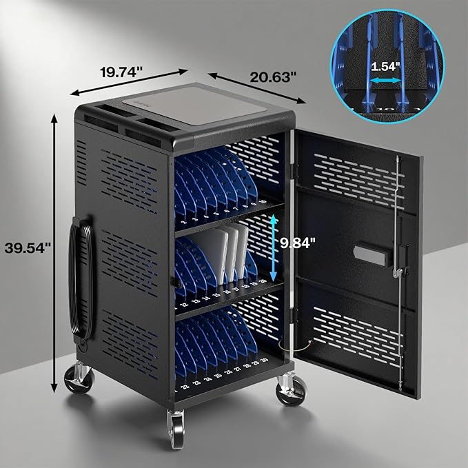 4 Pack | Fully Assembled 30 Bay Multi Device Charging Station for Chromebook,iPad,14'' Laptop,Pre Built Computer Charging Cart with Charger Cable Management,Circuit Breaker,Grounding Protection(Black)