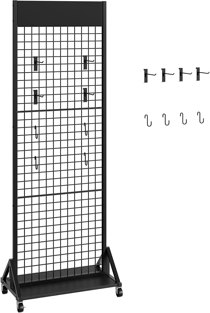 CHOEZON Grid Wall Panel, 2’ x 5.7’ Ft Floor Standing Gridwall Display Rack, Retail Display Stand, with 4 S-Shaped Hooks and 4 Garment Hooks, for Entryway, Study, Kitchen, Outdoors, Black TCJ27BB