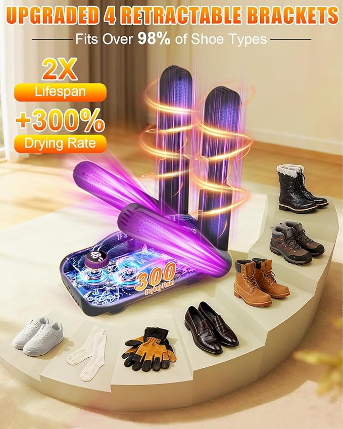 5.0 Upgraded Boot Shoe Dryer【500W German Super Motor】【Dual-Tech 118°F Constant Temp & 360° Circulating Hot Air】4 Adjustable Brackets, U-V Deep Cleaning, Fast Drying for Boot Sneaker Glove Sock (Gray)