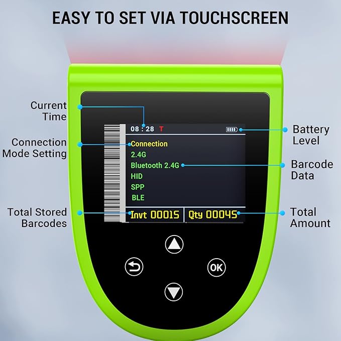 Tera Barcode Scanner Wireless with Screen: Pro Version 1D 2D QR with Digital Setting Keypad Power Switch Charging Cradle Works with Bluetooth 2.4G Wireless Bar Code Reader HW0015 Green