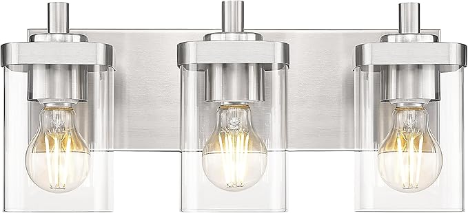 METWET Bathroom Light Fixtures, 3-Light Vanity Light with Square Clear Glass Shade, Brushed Nickel Modern Wall Sconces, Vanity Lighting Fixtures Over Mirror, VL194-BN-3