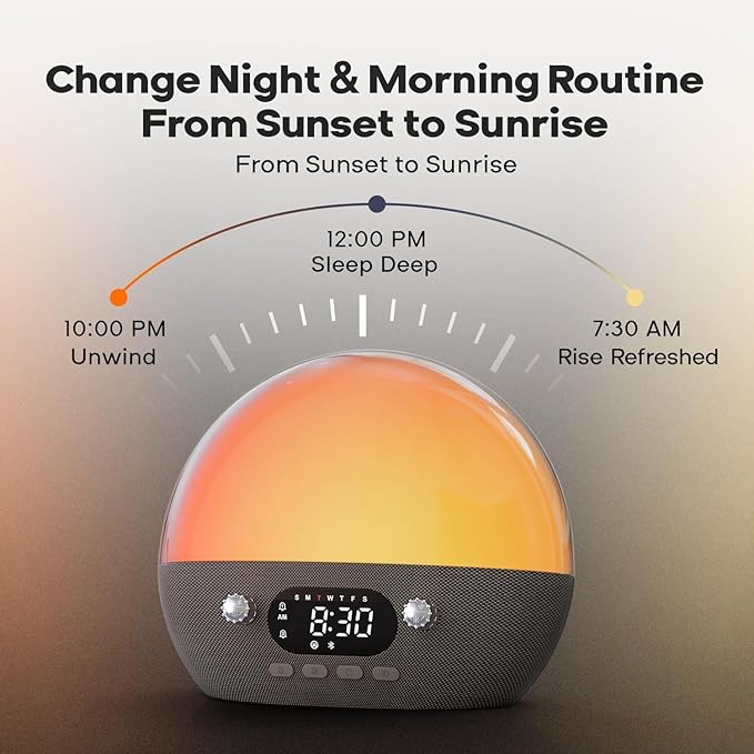Dekala RestOnn Sunrise Alarm Clock Sunset Sound Machine 7-Day Programmable Loud Dual Alarm Clock, White Noise Natural Sounds for Sleeping Bluetooth Speaker Amber Night Light