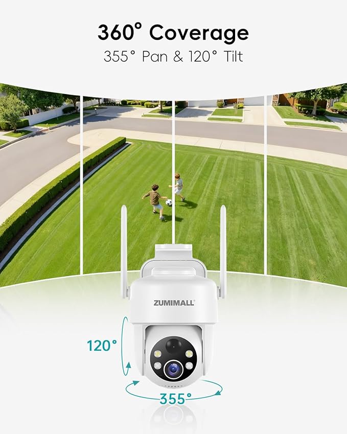 ZUMIMALL 2K Solar Security Cameras Wireless Outdoor | 360° PTZ View Control via App | 2.4G WiFi, Color Night Vision, 2-Way Talk, PIR Motion Detection, Free Rolling 7-Day Cloud Storage, No Monthly Fee