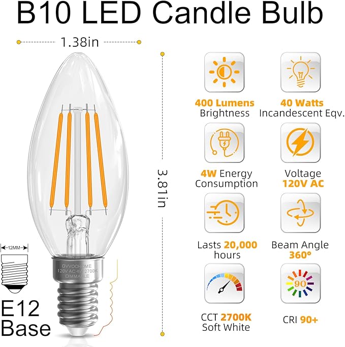GvvooHome LED Candelabra Light Bulbs, E12 Bulb dimmable, 4W,40 watt Equivalent, Chandelier Light Bulbs, B10 Candle Bulb 2700K Soft White, 90+CRI, 400LM, Clear Glass, 48 Pack