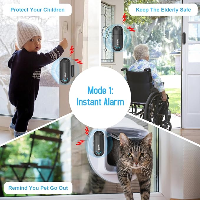 SanJie Door Alarm for Kids Safety with Remote,Wireless Door Chimes When Door Opens for Home/Dementia Patients/Pool,0-120 dB Volume Ajustable 4 Working Modes(2 Remote & 2 Sensor)