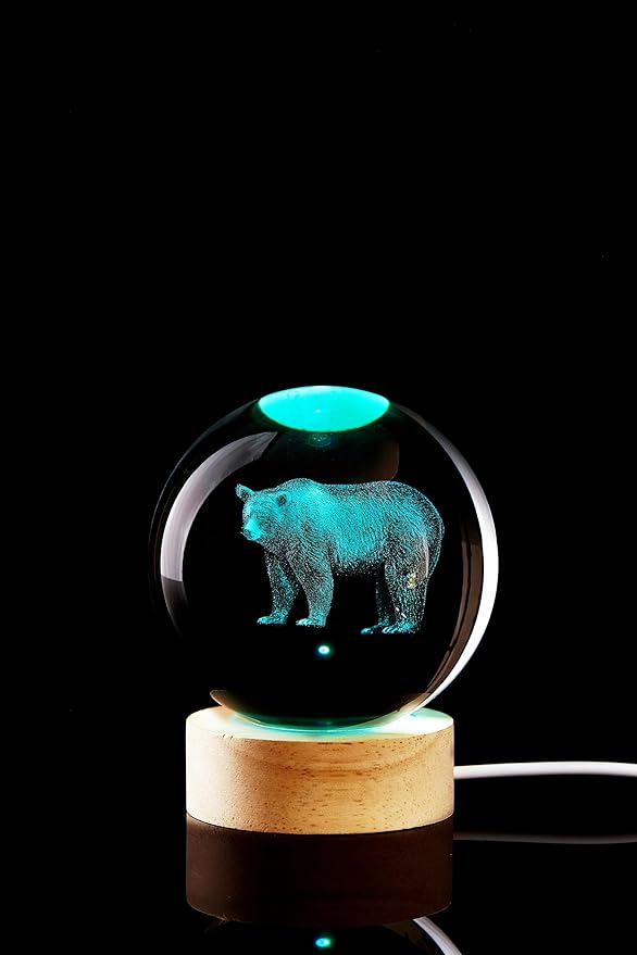 3D Crystal Ball Lamp with Lifelike LED Bear, 16 Color Changing Light, Dimmable Remote Control