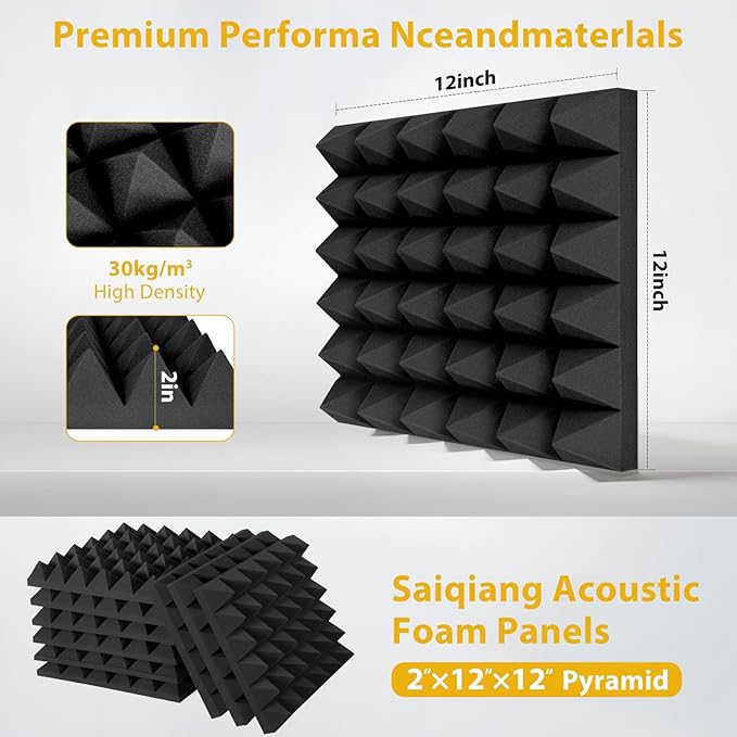 Saiqiang 24 Pack Sound Proof Foam Panels for Walls, 2"X 12" X 12" Pyramid Designed Acoustic Foam Panels Sound Absorbing, Noise Cancelling Dampening Wall Panels for Studio Recording & Office & Home