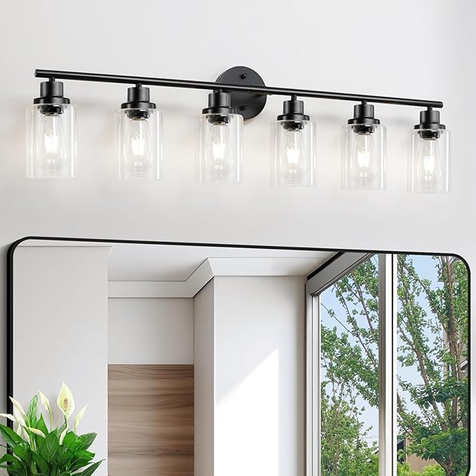 Guliaofo 6-Light E26 Black Bathroom Vanity Lights, Modern Bathroom Light Fixtures with Clear Glass Shade, Wall Lamps for Mirror Hallway Kitchen Cabinet Living Room Sconces Lights