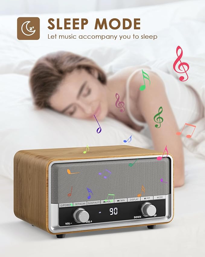 Vintage Wood AM FM Bluetooth Radio with Clock, Digital Clock Radio for Bedroom with LCD Display | 40 Presets | Sleep Timer | No Alarm, Retro Bluetooth Speaker for Office, Kitchen (Wood)