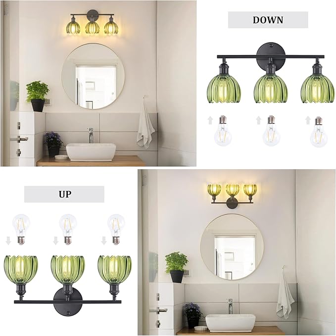 Shenmoyl Bathroom Light Fixtures, 3-Light Black Vanity Wall Light Over Mirror with Green Tulip Glass Shade for Bedroom Living Room (Bulb Not Included)