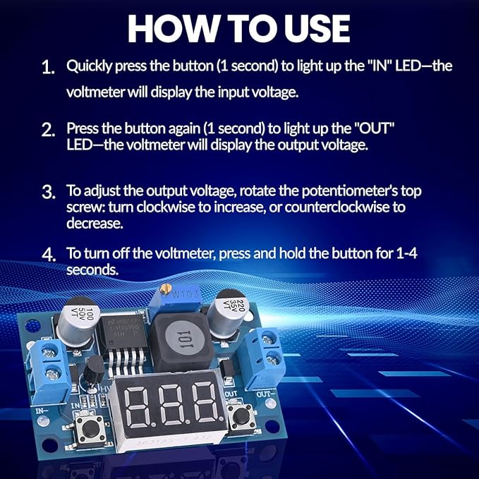Seloky LM2596 Adjustable DC-DC Step-Down Buck Converter Module with LED Voltmeter Display, Voltage Regulator 4.0-40V Input to 1.25-37V Output Power Supply Module (Pack of 3)