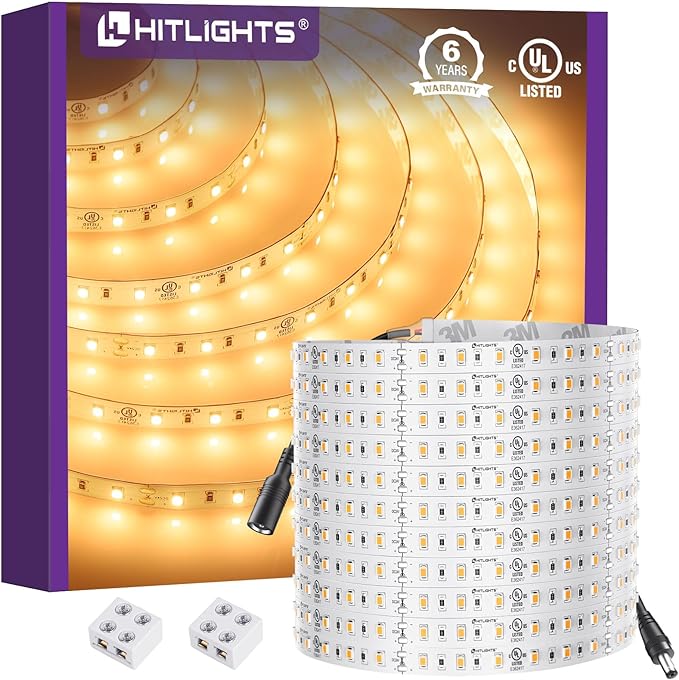 HitLights 24V LED Strip Lights Warm White 2700K, 26.2ft Cuttable Tape Backed 3oz PCB, UL Listed, 1325 Lumen/m, CRI>95, IP20, Lighting for Bedroom, Kitchen, Under Cabinets (Power Source Not Included)