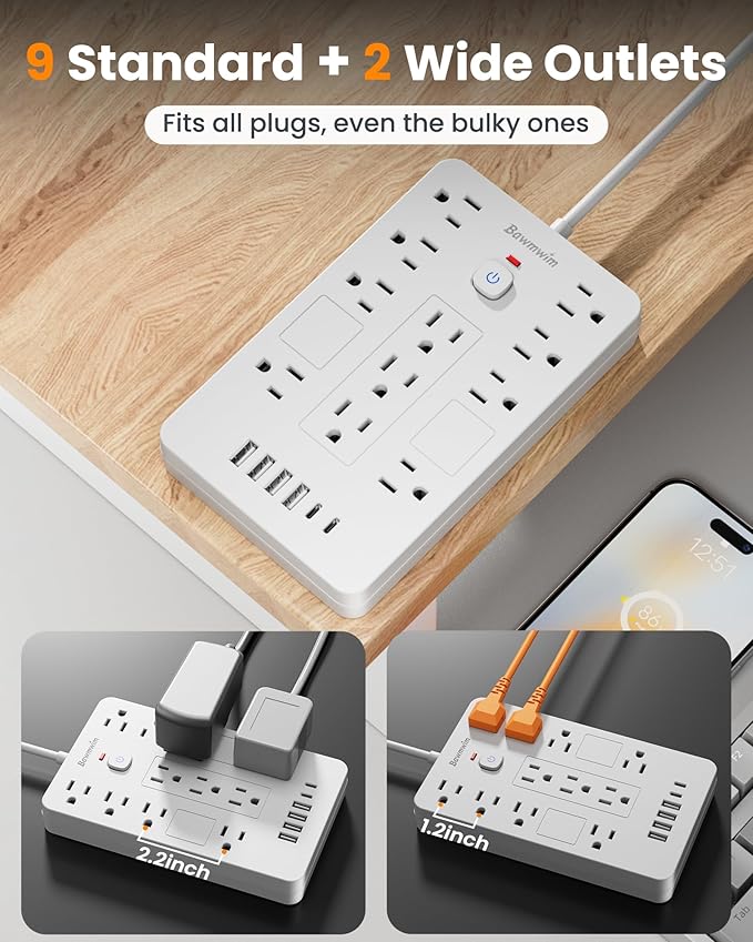 Bawmwim Surge Protector Power Strip - 11 Outlets(1850W/15A) with 6 USB Ports(2 USB C), 6FT Flat Plug Extension Cord, Wall Mount, White,Listed for Home, Dorm Room