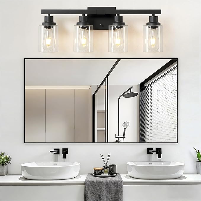 DIKAIDA Bathroom Vanity Light, 4-Light Modern Matte Black Wall Sconce Lighting with Clear Glass Shade, Bathroom Lighting Fixtures Over Mirror,Vintage Wall Mounted Lamps for Mirror Bedroom,Living Room