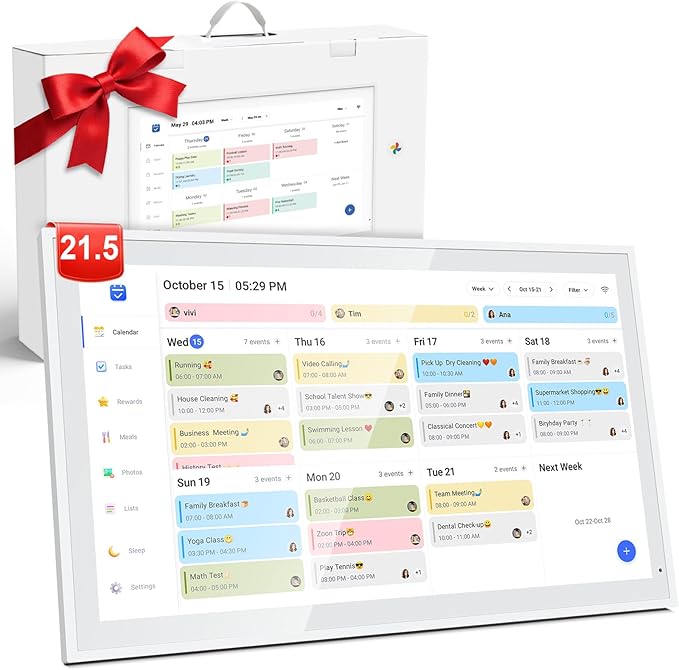 Digital Calendar, 21.5" Electronic Calendar For Wall, 1080P IPS Touchscreen Smart Family Planner& Chore Chart, Two - Way Sync With Phones Supports All Google Play Apps, Wall/Desk Mountable