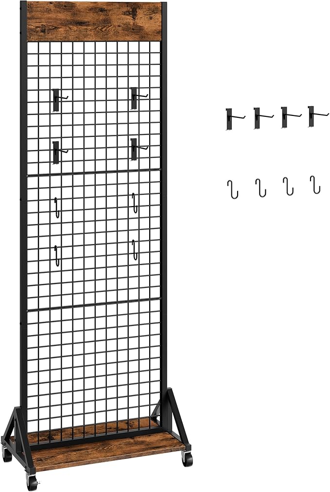 CHOEZON Grid Wall Panel, 2’ x 5.7’ Ft Floor Standing Gridwall Display Rack, Retail Display Stand, with 4 S-Shaped Hooks and 4 Garment Hooks for Entryway Kitchen Outdoor, Rustic Brown and Black TCJ27BF
