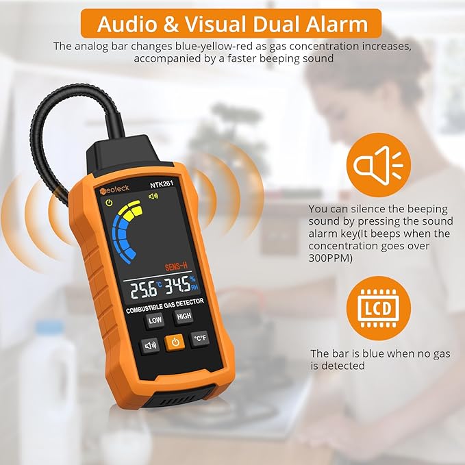 Neoteck Natural Gas Detector Gas Leak Detector with 12” Gooseneck Combustible Gas Detector with Audible & Visual Alarm Test Methane Propane Gasoline Natural Gas for Gas Pipeline Gas Stove and RV
