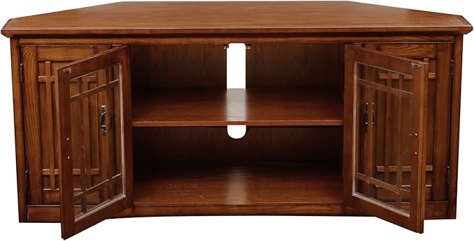 Leick Home 60 in Corner TV Stand, Solid Wood, Adjustable Shelves, Easy Assembly, Mission Style, Blackened Hardware, Medium Oak, 56 in W x 20 in D x 25 in H, 82386