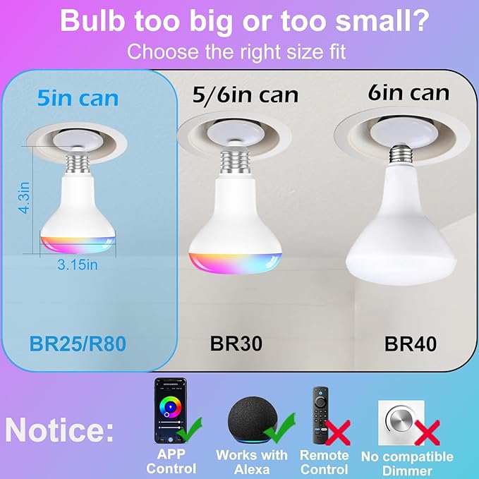 HYDONG Smart RGB Bulb,BR25/R80,Smart Bulbs Compatible with Alexa,Color Changing LED WiFi Bulb 12W,2.4Ghz WiFi Only.E26/E27Base,4Packs