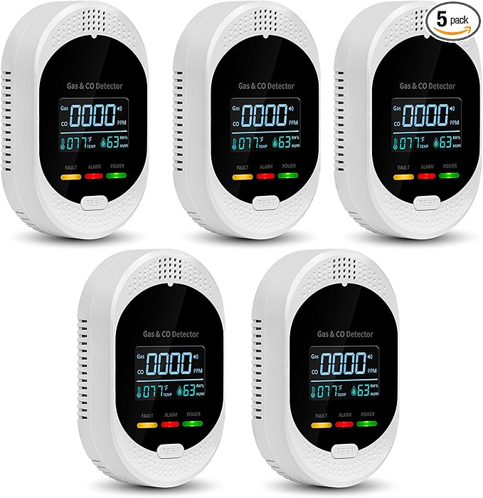 5PCS 4-in-1 Carbon Monoxide & Natural Gas Detectors with Temperature/Humidity LCD Display, Plug in Co Leak Detector Propane Monitor for Home Travel RV Essentials, Sound Alarm Over 85dB