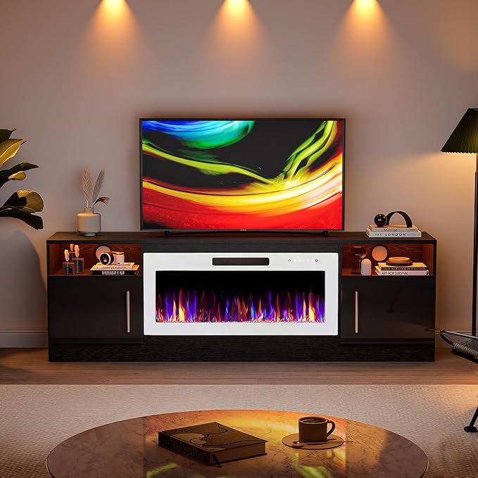 VITESSE TV Stand Fireplace with 36" inch Electric Fireplace Up to 80" TVs, LED Light Entertainment Center, 70" Modern Wood High Gloss with Highlight Storage Cabinet for Living Room (Black)