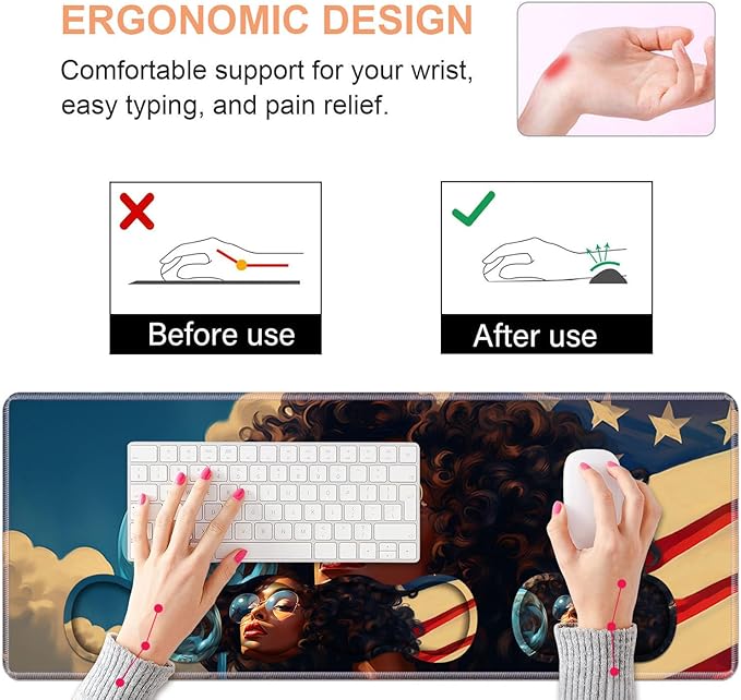 Ergonomic Keyboard Wrist Rest & Mouse Pad Wrist Rest Set, Large XXL Gaming Desk Mat 31.5"x 11.8" with Non-Slip Base, Memory Foam, Easy Typing Pain Relief for Home & Office, African American Girl