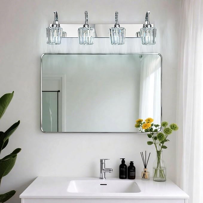 FDPBY Modern Bathroom Vanity Light, 4-Light Chrome Wall Sconce with Crystal Accents, Over Mirror Bathroom Lighting Fixture, 32.67" Long Dimmable Vanity Lamp for Makeup, Easy Installation