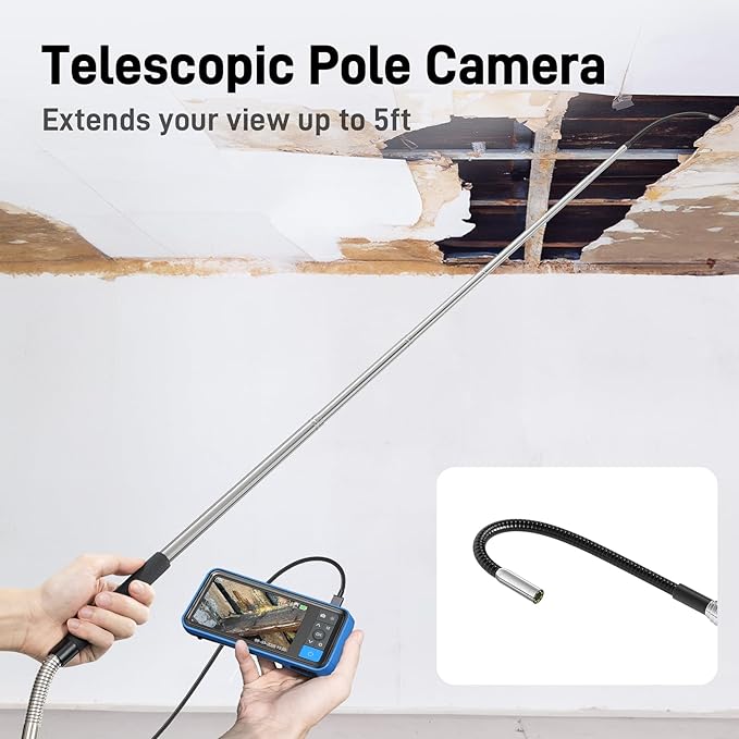 Teslong Telescopic Endoscope Inspection Camera with Screen & Light, 4.5" IPS Display Borescope with 5FT Telescoping Pole, IP67 Waterproof Inspection Camera for Ceiling, Wall, Chimney, Automotive &HVAC
