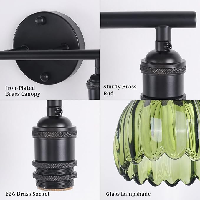 Shenmoyl Bathroom Light Fixtures, 2-Light Black Vanity Wall Light Over Mirror with Green Tulip Glass Shade for Bedroom Living Room (Bulb Not Included)