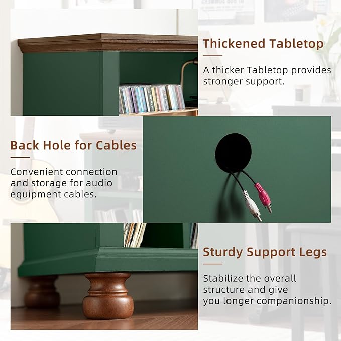Joaxswe Record Player Stand with Charging Station Up to 200 Albums, 24" Wide Mid-Century Record Player Table with Vinyl Record Storage,Large Wood Turntable Stand Dispaly Cabinet for Living Room,Green