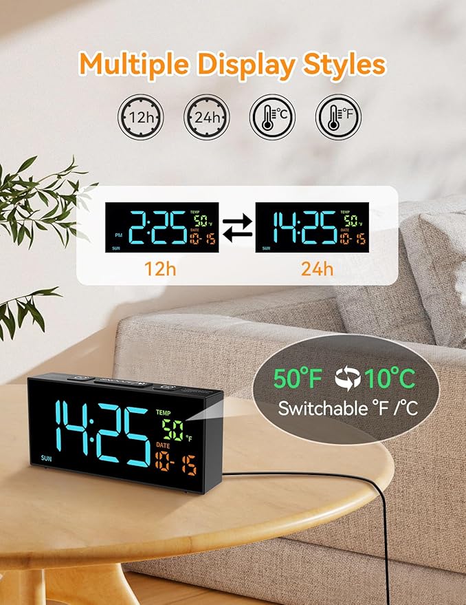 Netzu Alarm Clocks for Bedrooms, Digital Clock with Date Temperature and Weekday, Manual DST, Snooze, 2 Alarms, 4 Volumes Bedside Desk for Living Room Home Bedside Desk (RGB)