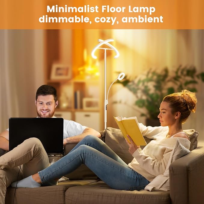 SIBRILLE White LED Floor Lamp - Dimmable 2 Lights Standing Lamp with Remote&Touch Control, 4 Color& 10 Brighness Adjustable Floor Reading Light, Modern Tall Lamp for Living Room Bedroom Office Corner