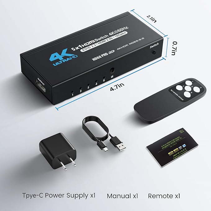 [Upgrade] NEWCARE 4K@60Hz HDMI Switch 5 in 1 Out with Type-C Charging Cable, HDMI Switcher with IR Remote,5 Port HDMI Selector Box Support HDMI 2.0, Compatible with TV PS5/4 Xbox Laptops PC Projector