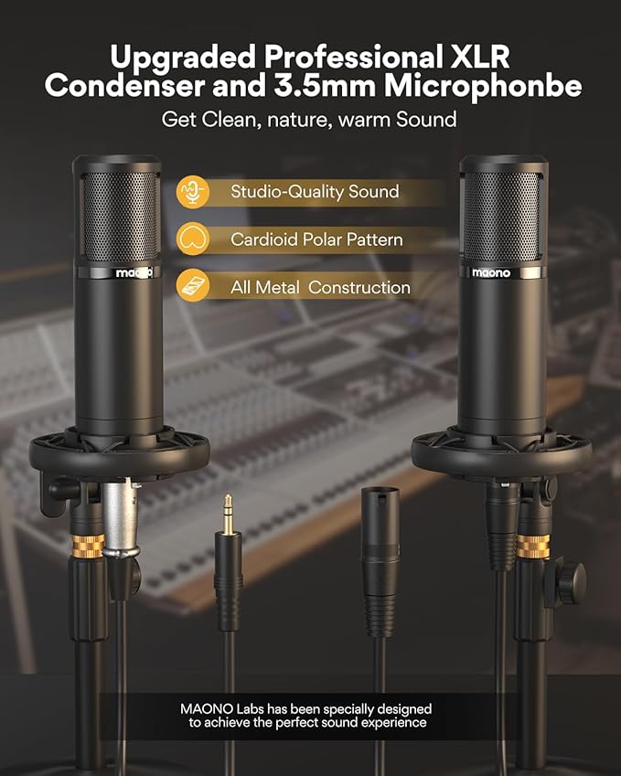 MAONO-MaonoCaster-Podcast Equipment Bundle for 2-includes All-in-one Audio Interface with Premium Mic Preamp, XLR Condenser Microphone, and 3.5MM Mic for Podcast Recording, Streaming, DJ (AME2 Duo)