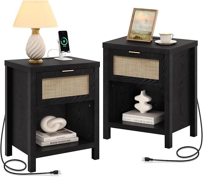 SICOTAS Black Nightstands Set of 2 with Charging Station - Boho Rattan Night Stand with Drawer, Modern Bedside Table with USB and Type-C Ports, Bed Side Tables for Bedroom, Black Oak, 2 PCS