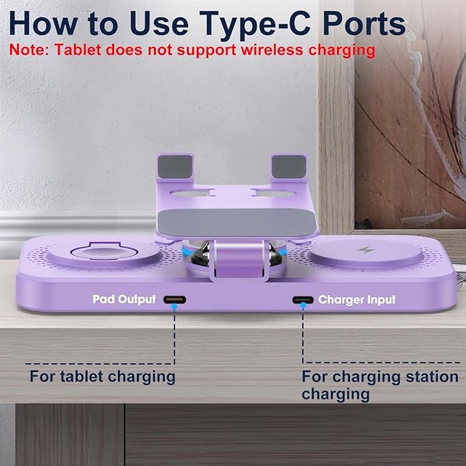 30W Charging Station for Apple Products, Foldable Wireless Charger with Clock Display&7 Color Light, Wired Charging for iPad/Tablet Charging Station for iPhone17, for Apple Watch11 for AirPods4(Purple