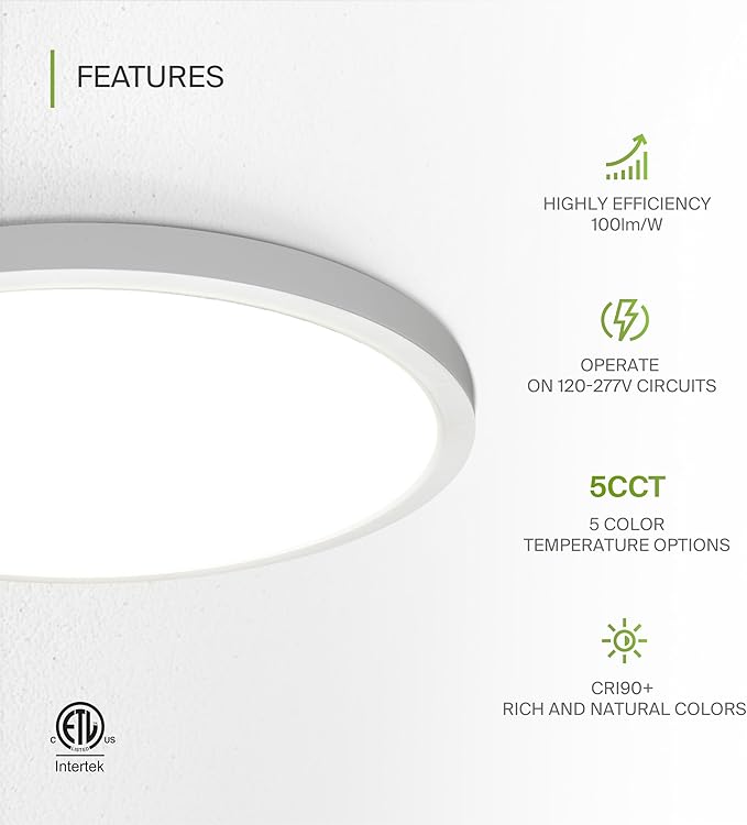ASD LED 24" Round Flush Mount Ceiling Light Fixture, Low Profile Surface Lighting | 5CCT, Dimmable, Ultra-Thin, ETL Listed | 38W 2700LM 2700-6000K 100-277V | Kitchen, Hallway Lamp | White, 2 Pack